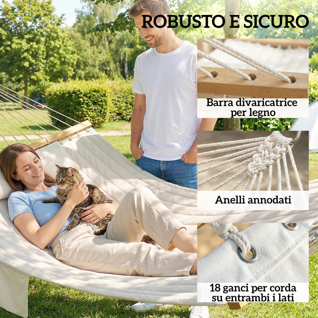 Amaca da Giardino 325x140x2,5 cm con Cuscino e Tasca in Poliestere con Barre di Legno Bianco Crema