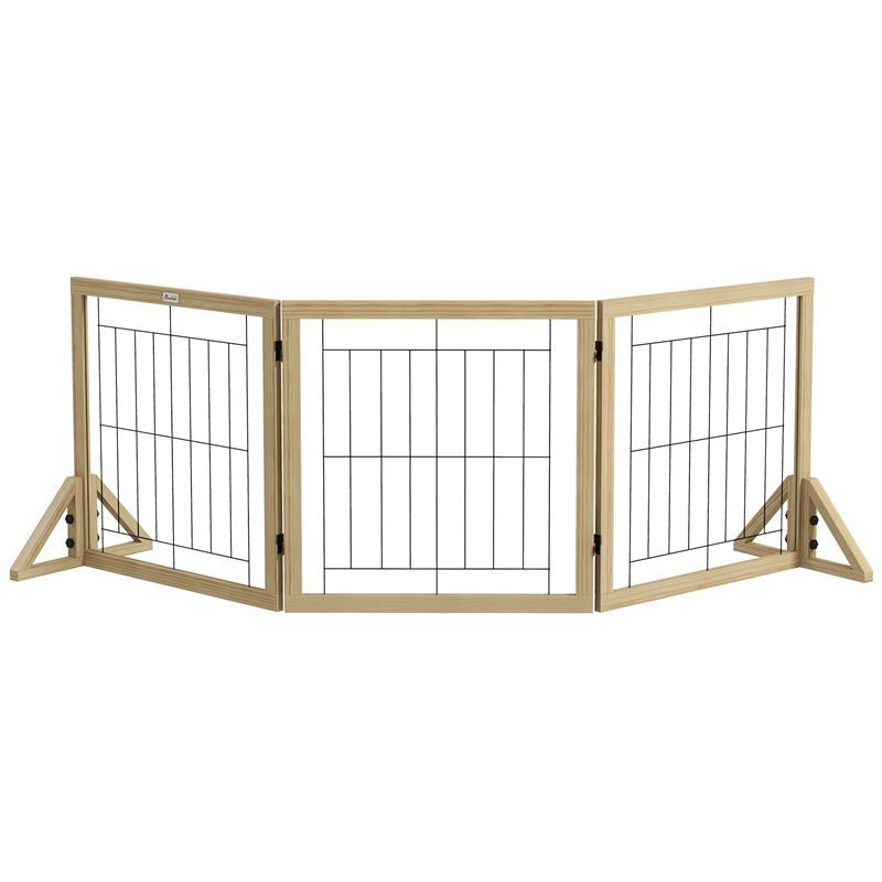 CANCELLINO PER CANI PIEGHEVOLE CON 3 PANNELLI E PIEDINI TRIANGOLARI, 210X70 CM, LEGNO NATURALE