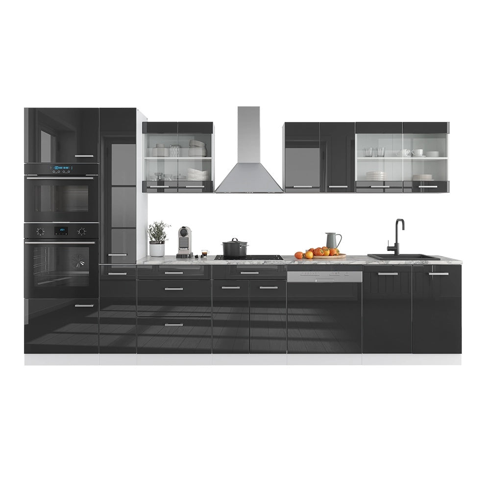 Mobile da cucina R-Line Antracite lucido/Bianco 350 cm con armadio alto, PL Rovere Vicco