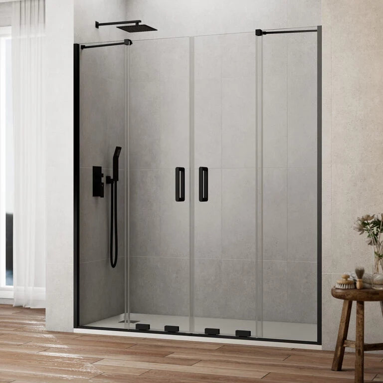 Box doccia frontale KENNA 2 fissi + 2 scorrevoli 250 cm (244-254) nero opaco vetro trasparente