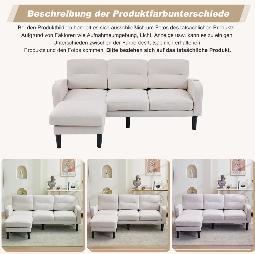 Divano angolare modulare 3 posti con chaise longue e tasche laterali beige 204x136 cm
