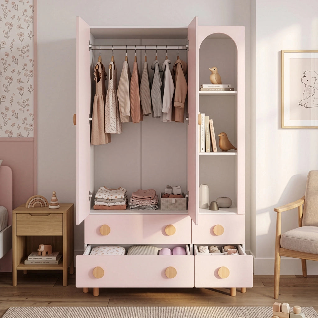 Armadio per Cameretta Vaarentaa a 2 Ante con 4 Cassetti e 3 Vani Aperti 156x90x41 cm - Bianco/Rosa [en.casa]