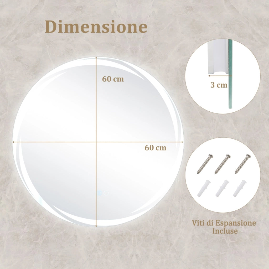 Specchio da bagno 60x60cm con luci dimmerabili a 3 colori interruttore a sfioramento anti-appannamento, Specchio LED
