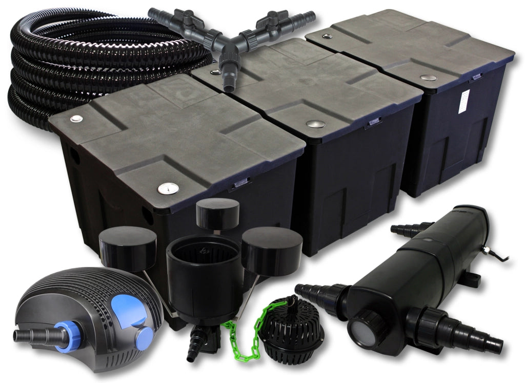 Set filtro per laghetto da 90000l Chiarificatore 24W Pompa ECO 100W Tubo 25m Skimmer