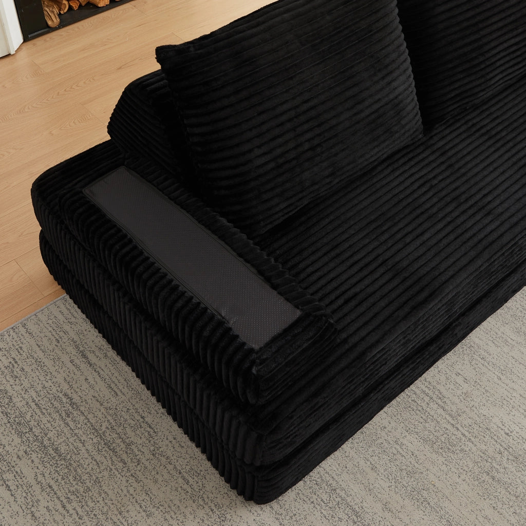 Divano modulare in tessuto corduroy nero, 211,5 cm, con schienali e braccioli regolabili
