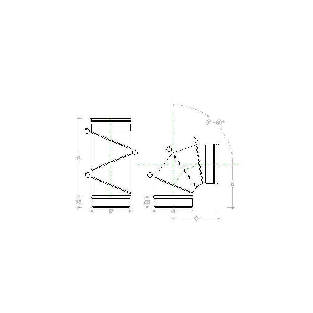Curva gomito inox 200mm orientabile registrabile 5 decimi curvatura 0-90°