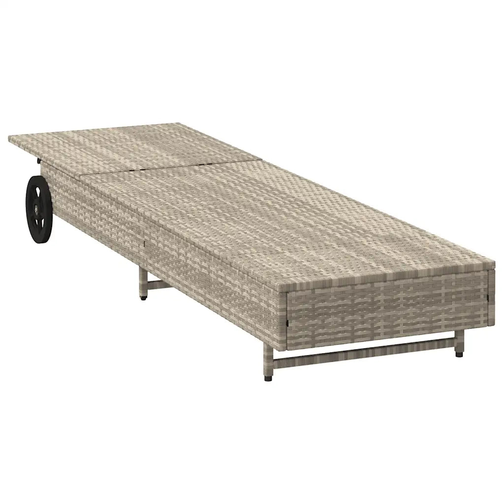 Lettino Prendisole | Sdraio da giardino | Lettino da sole con Ruote e Cuscino Polyrattan Grigio Chiaro