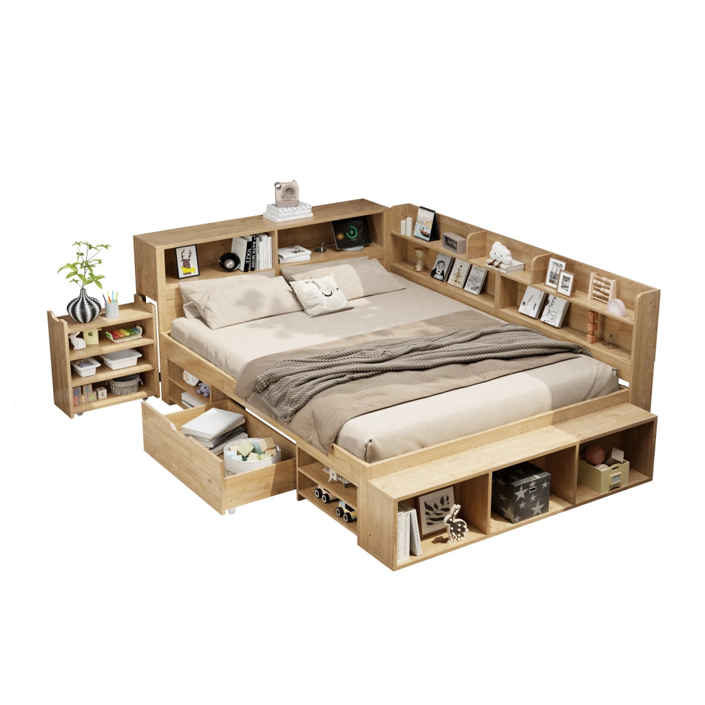 Letto singolo 140x200 cm con contenitore, cassetti e scaffali, colore naturale