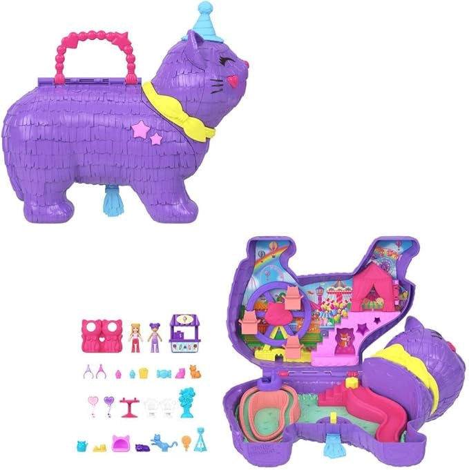 Polly Pocket - Gattino delle Feste, Set pignatta a Tema Festa di Compleanno con Ruota panoramica, Include 2 Mini Bambole