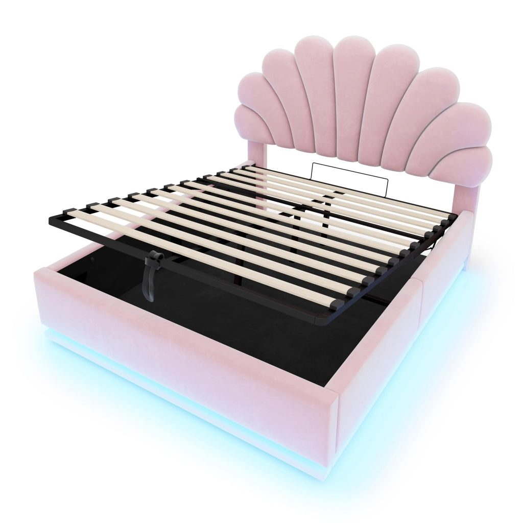 Letto imbottito 140x200 cm con contenitore; LED e testiera a forma di fiore in velluto
