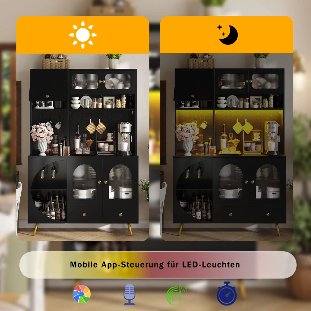 Mobile alto da cucina nero con LED, prese USB e portabottiglie