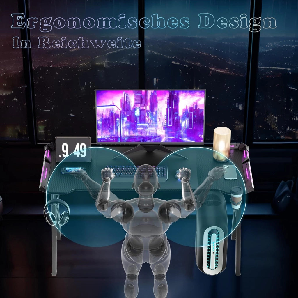 Tavolo da gioco con LED, 140 x 60 cm, scrivania per computer con superficie in fibra di carbonio, scrivania da ufficio, tavolo con gancio per cuffie e porta bevande, nero
