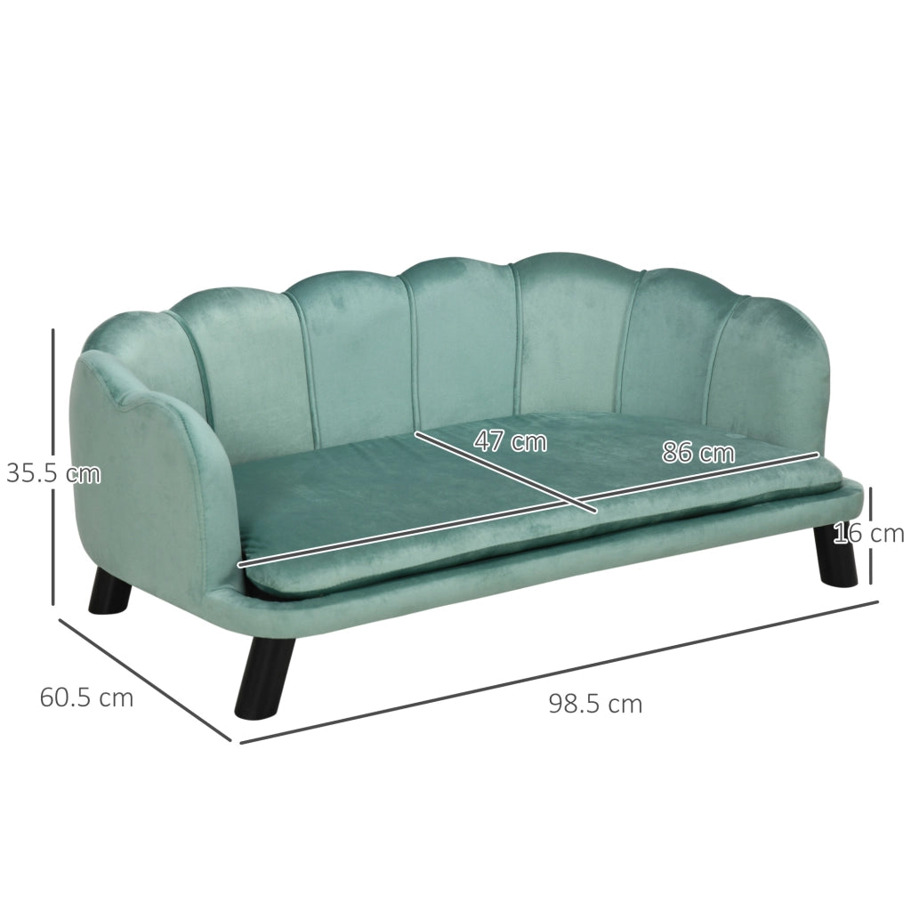Divano per cani con schienale e gambe in legno, verde, 98,5 x 60,5 x 35,5 cm