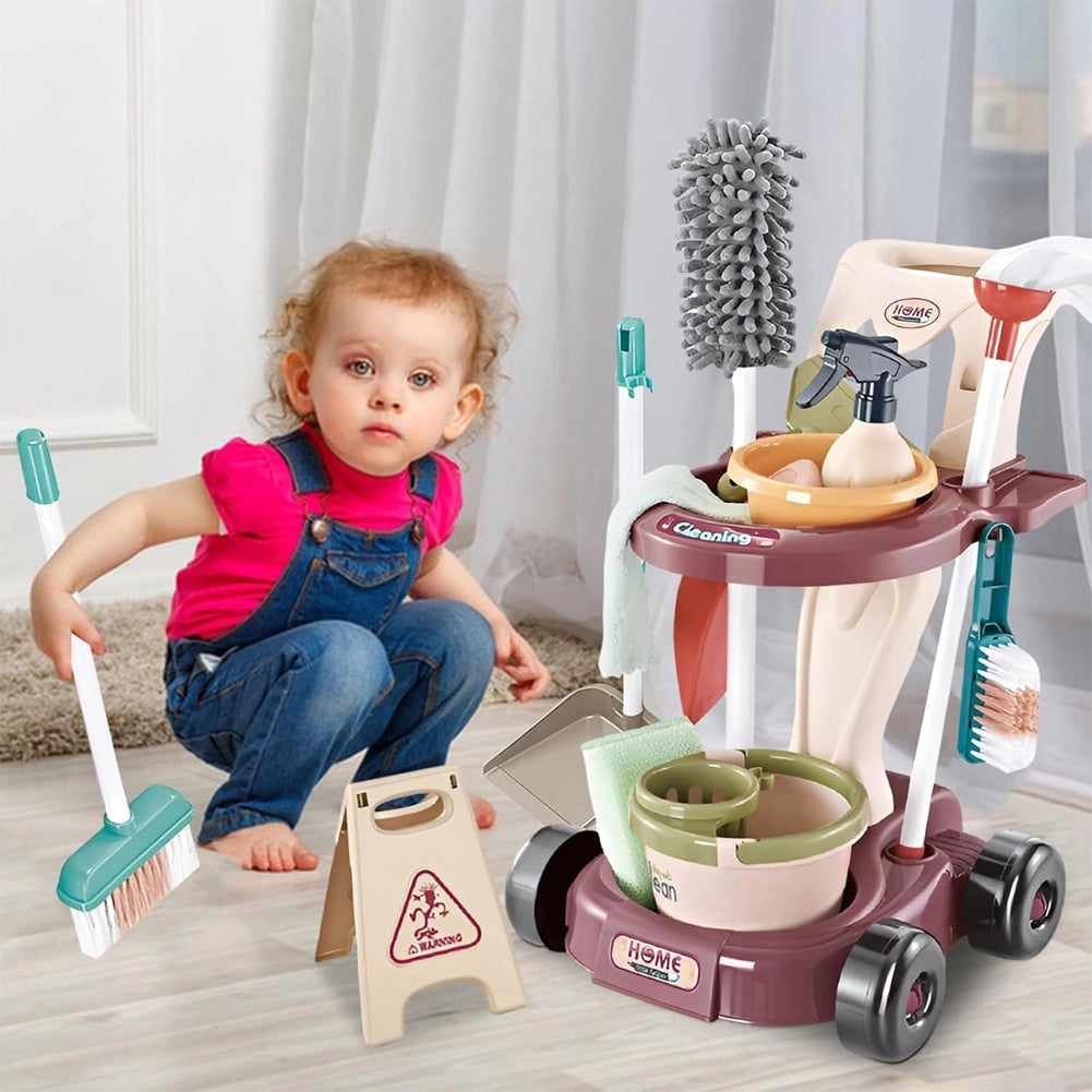 Kit di Pulizia per Bambini con Carrello Scopa Paletta Giocattolo Gioco Educativo