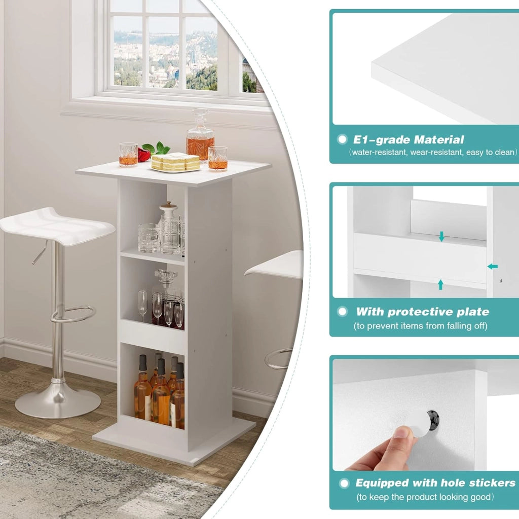 Tavolo da Bar Quadrato, Tavolino Alto e Stretto con 3 Ripiani, Tavolo Alto Cucina, Sala da Pranzo, Bistrot, in Truciolare, 60x60x109 cm, Bianco