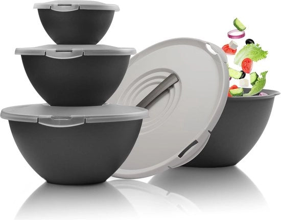 Insalatiera Kompletto Grande, 8 pezzi, set di contenitori e coperchi in plastica BPA libera, contenitori con coperchi (8 pezzi, antracite/grigio)
