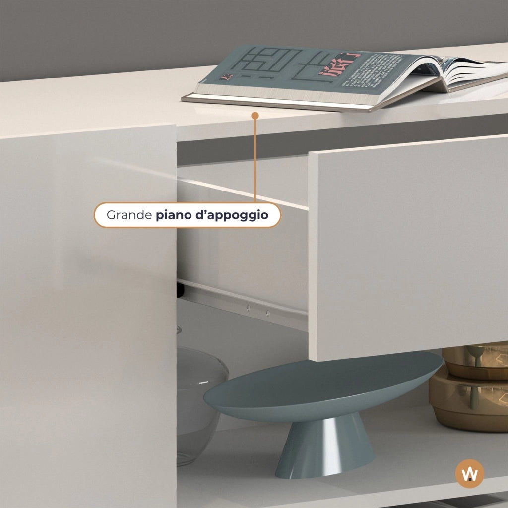 WHOUS Credenza Potenza con 1 anta 1 ribalta e 1 cassetto bianco lucido 140x40x81 cm