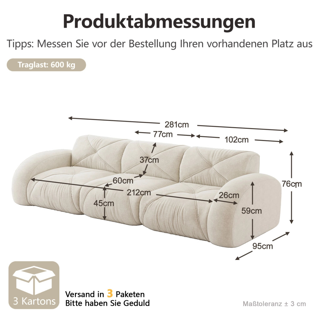 Divano modulare senza struttura in ciniglia beige chiaro 281 × 95 × 76 cm