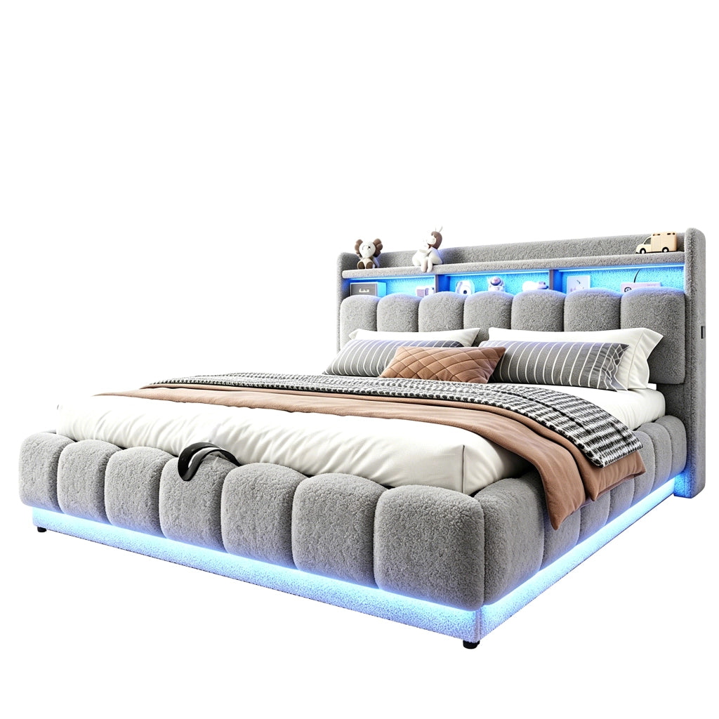 Letto imbottito con contenitore idraulico e LED, 180x200 cm, grigio