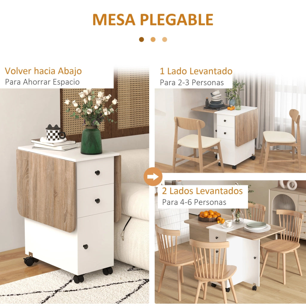Tavolo Pieghevole da Pranzo Allungabile con 2 Cassetti e Armadio ¨C Zephmum ¨C Bianco e Naturale 120x60x76,5 cm