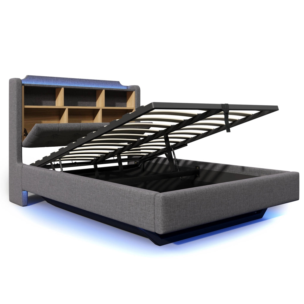 Letto imbottito 140x200 con contenitore idraulico; LED; USB e Tipo C; lino grigio