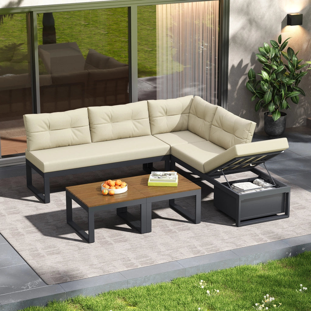 OKWISH Set mobili da giardino divano modulare con tavolino e vano contenitore in poliestere beige