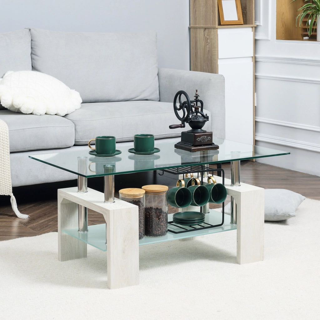 Tavolino da Caff¨¨ Moderno a 2 Livelli in Vetro e Legno, 90x50x42cm, Bianco