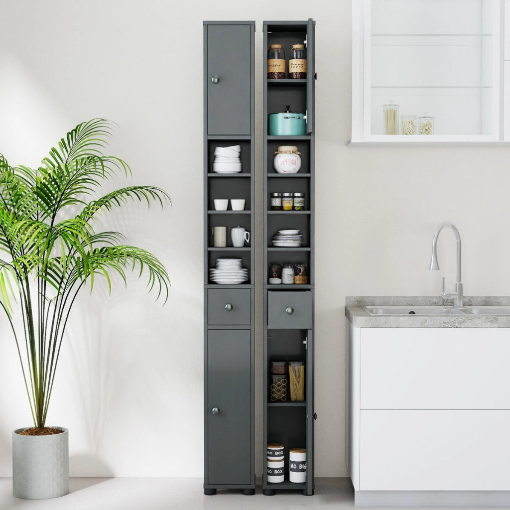 Armadio da bagno alto-Mobiletto da bagno slim con 1 cassetto di stoccaggio, Armadio da bagno 5 ripiani regolabili struttura antiscivolo Grigio