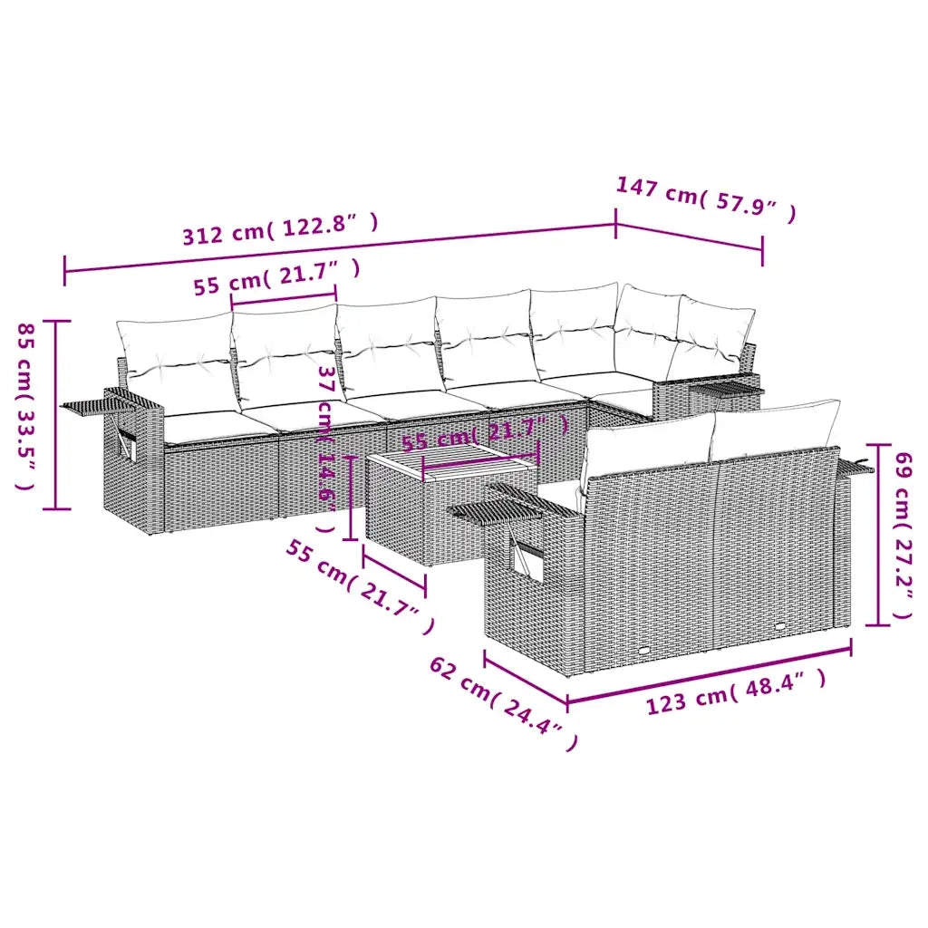 Set Divani da Giardino 9 pz con Cuscini Nero in Polyrattan 3224650