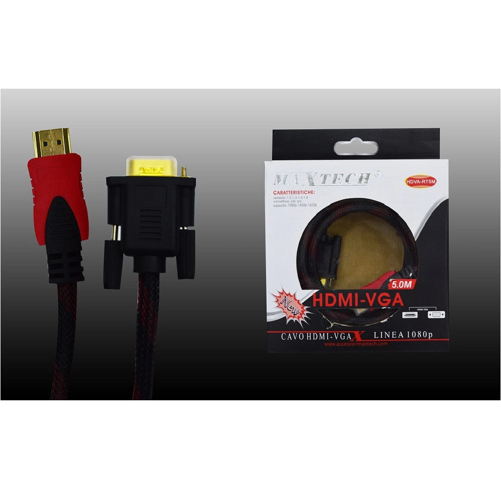 Trade Shop - Cavo Hdmi A Vga Cavo Telato Da 5 Metri 1080p Video Pc Lettori Maxtech Hdva-rt5m -