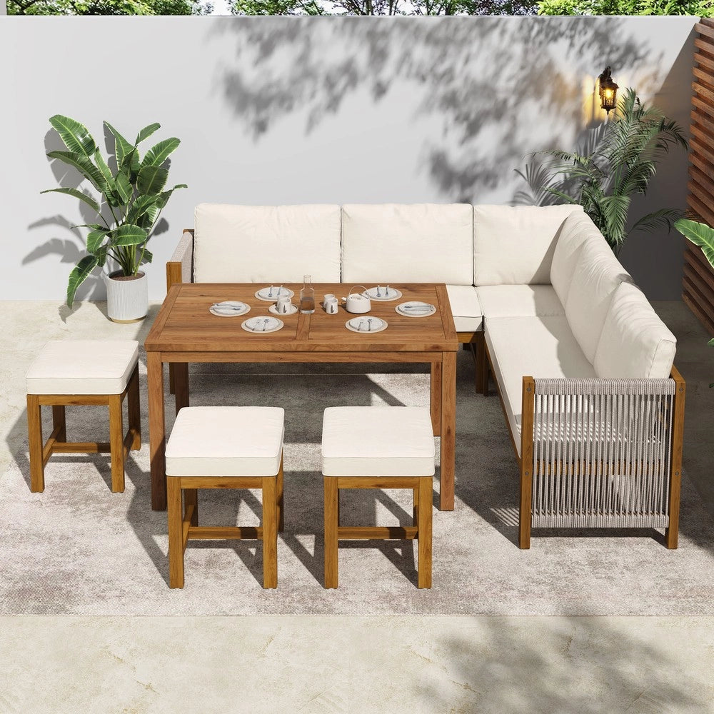 Set da giardino con divano angolare - Zephmum- Per 7-8 persone, tavolo e sedie in polirattano, cuscini, colore beige+naturale