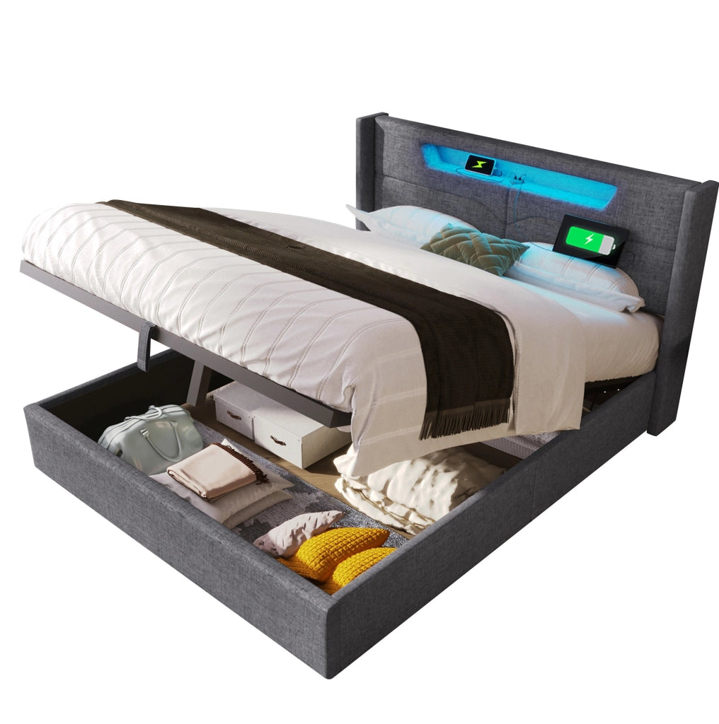 Letto matrimoniale 140x200 cm in tessuto lino grigio con LED; USB e contenitore