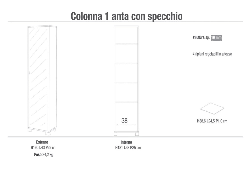 Armadio 1 Anta con Specchio 43x190x29 cm Ossido Nero