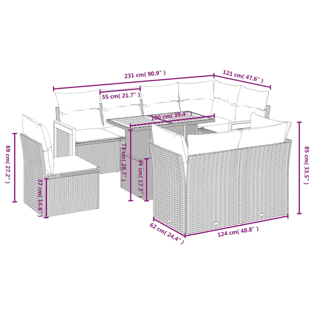 Set Divani da Giardino 9 pz con Cuscini Nero in Polyrattan 3274052