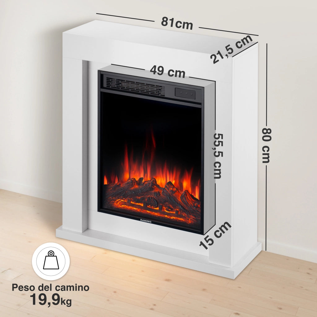 KAMINIO Camino elettrico MATTI - Caminetto da pavimento con riscaldamento, effetto fiamma 3D, luce ambiente a LED, telecomando - 32 pollici, Bianco