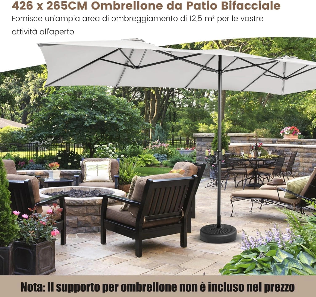 Ombrellone da Giardino Doppio 426 cm, con Manovella e 10 Stecche, Ombrellone Rettangolare Pieghevole, per Giardino Piscina Terrazza, 426 x 265 x 260 cm (Beige)