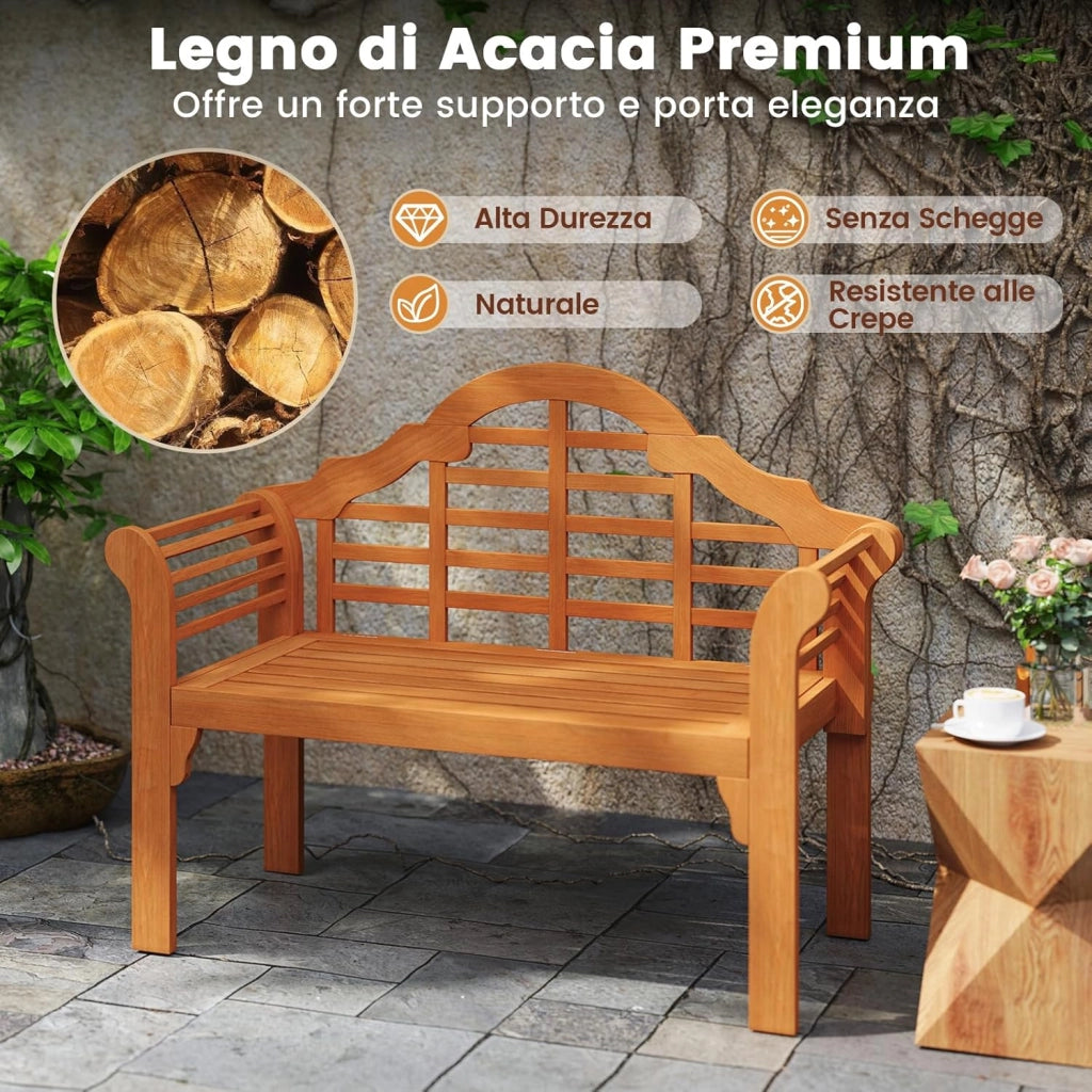 Panchina da Esterno Pieghevole, Panchina in Legno Massello con Braccioli Curvi e Schienale, Panchina da Giardino, Balcone e Cortile, Portata 360 kg, 123 x 54 x 96 cm (Modello 3)