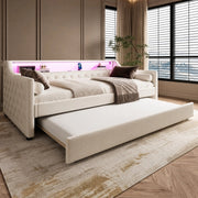 Letto da giorno 90x200 cm con letto estraibile, LED e USB in lino beige