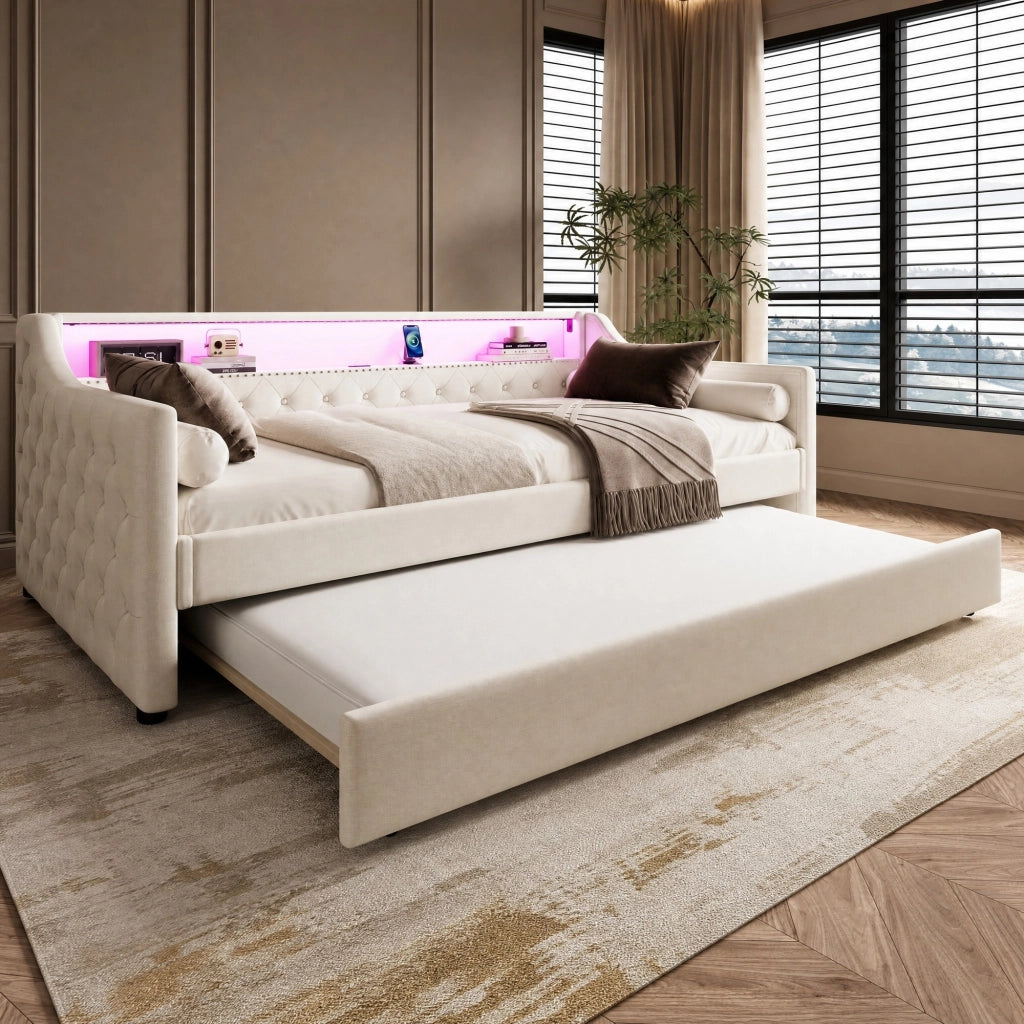 Letto da giorno 90x200 cm con letto estraibile, LED e USB in lino beige