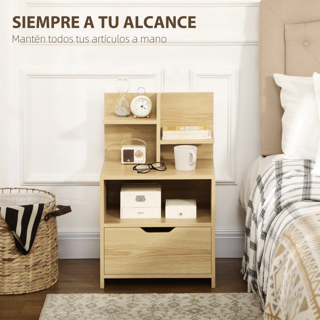 Comodino Moderno con Cassetto e Ripiani ¨C zephmum ¨C Naturale 45x35x73