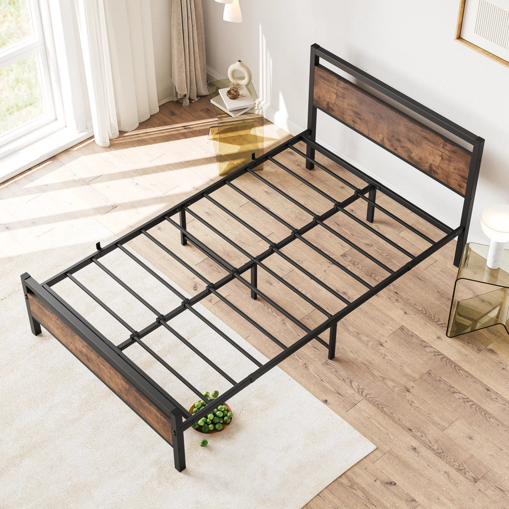 LETTO 140x200 cm in MDF e metallo marrone antico con rete a doghe e spazio sottoletto