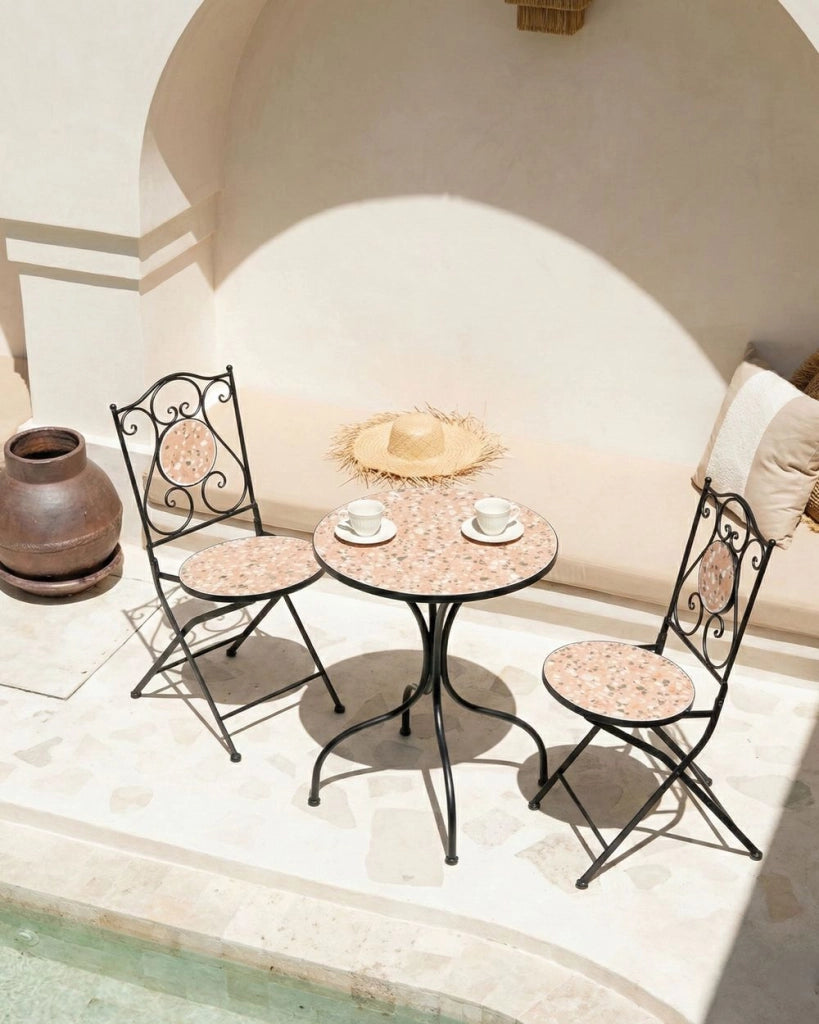 Set di 2 sedie da giardino in metallo nero con struttura in ferro e motivo effetto terrazzo stile vintage da esterno