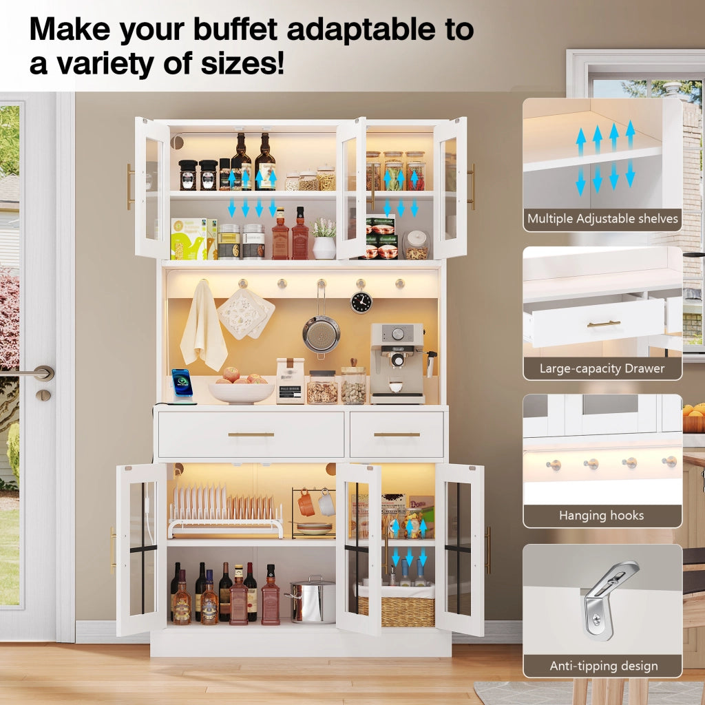 Credenza da cucina con 6 Ante; 2 Cassetti; Ripiani Regolabili e LED; Stile Rustico; in MDF; Bianco