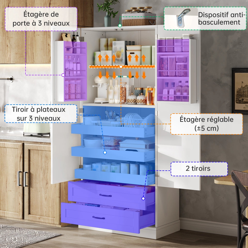 Credenza cucina alta con 3 ripiani estraibili; 2 cassetti e ripiani interni alla porta; per cucina; 180 × 80 × 37.5 cm