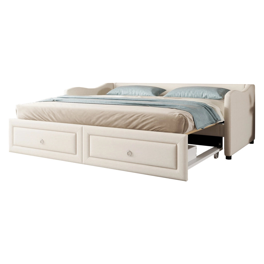 OKWISH Letto a Scomparsa 90×200 cm, Letto Singolo con Letto Estraibile, 2 Cassetti e Spazio Contenitore, senza Materasso, Lino, Beige