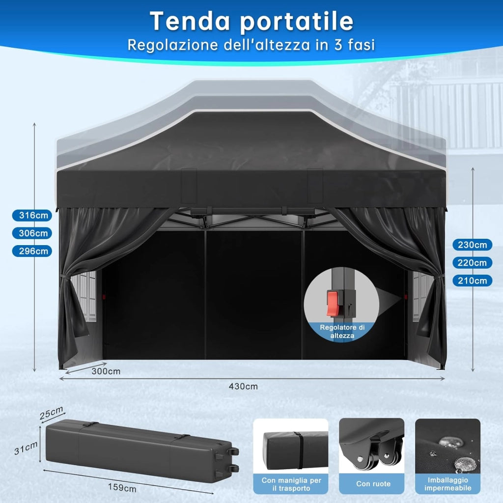 Gazebo 3 x 4.5 impermeabile, stabile, ripido, gazebo pieghevole con pareti laterali, protezione UV 50+, tenda per feste, altezza regolabile, gazebo per giardini, cortili, campeggi