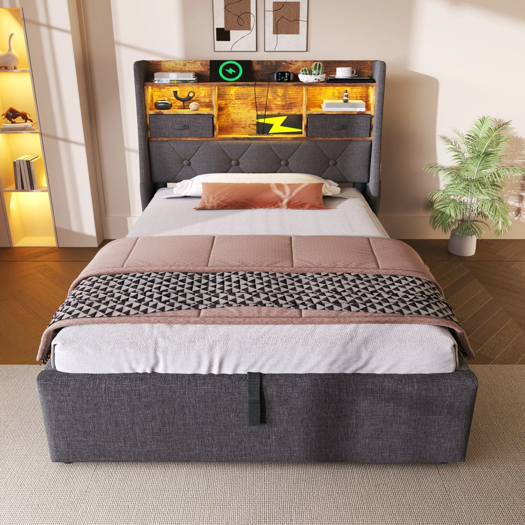 LETTO contenitore 90x200 cm in lino grigio con LED, USB e testiera con ripiano