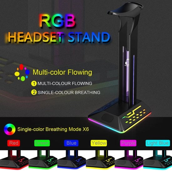 Supporto per cuffie RGB - Supporto per cuffie - Impostazione gaming - 2 porte USB - 26,7x12,3x10,3cm - Nero