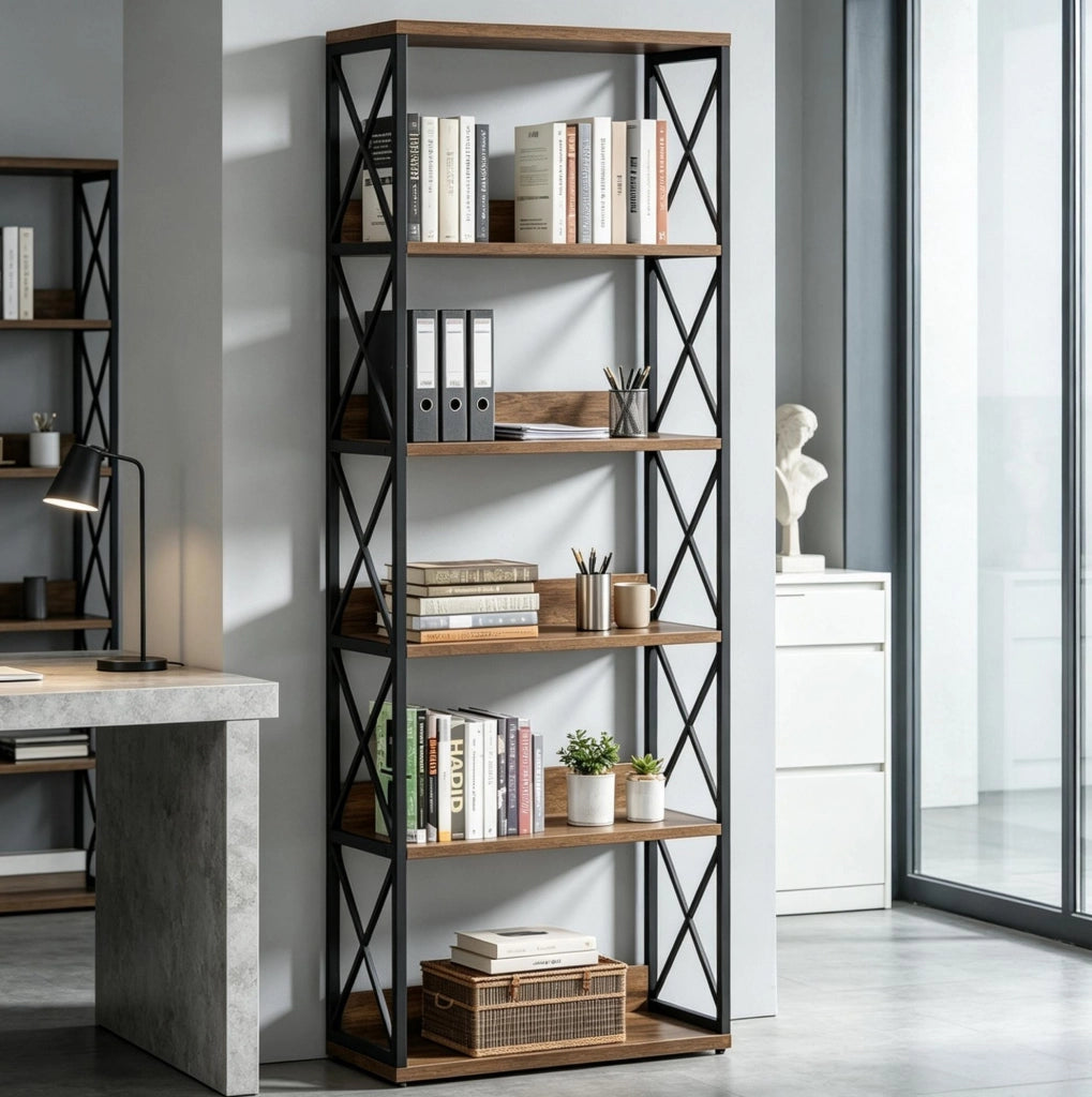 LIBRERIA Industriale 5 Ripiani 178 cm Metallo e Legno Nero/Marrone