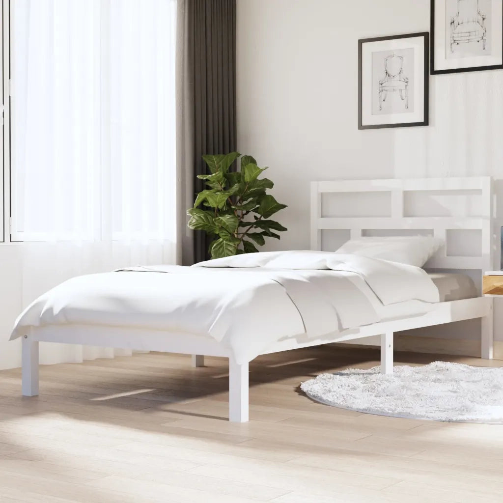 Letto singolo | Letto per adulti | Giroletto Bianco in Legno Massello di Pino 90x200 cm